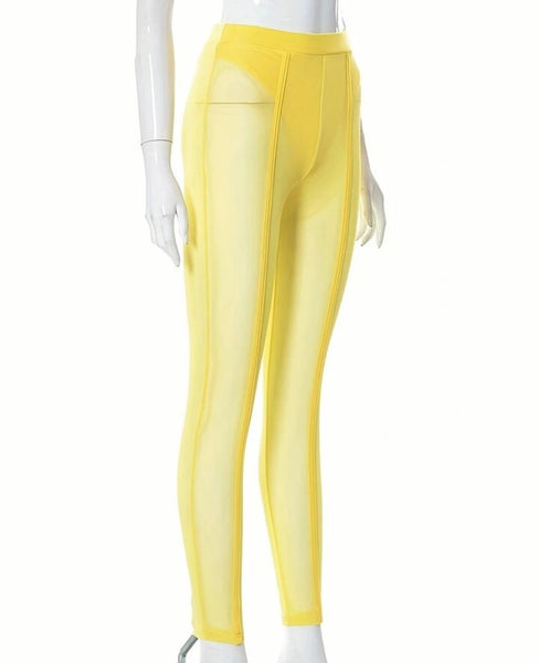 Women Sexy Fashion Yellow Mesh Pants