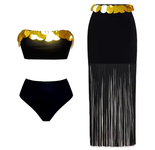 Women Sexy Sequins Strapless Black Bikini Cover Up Set