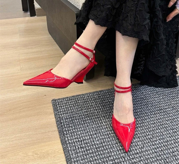 Women Pointed Toe Patent Leather Platform Ankle Strap Heels