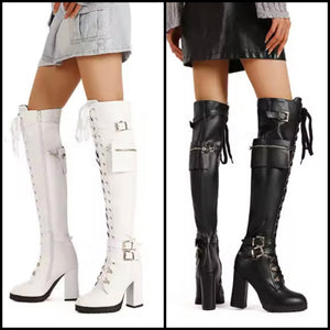 Women Fashion Pocket Buckled Lace Up Platform Knee High Boots