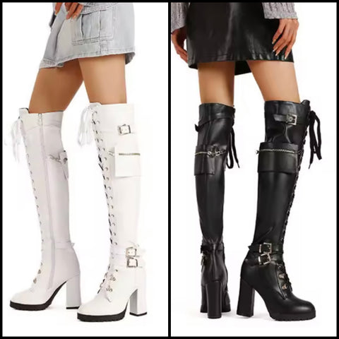 Women Fashion Pocket Buckled Lace Up Platform Knee High Boots