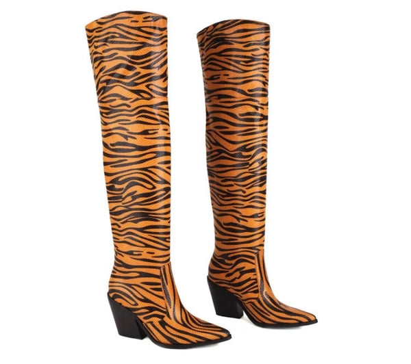 Women Faux Leather Zebra Print Western Boots