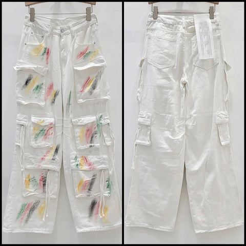 Women White Color Patchwork Cargo Denim Pants