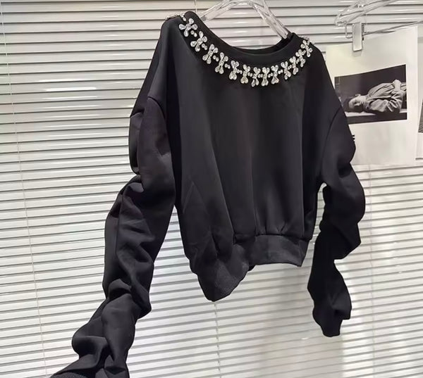 Women Fashion Rhinestone Sweater Two Piece Skirt Set