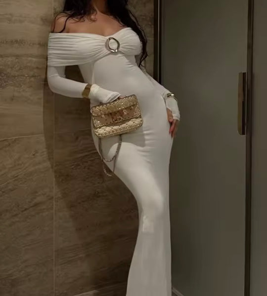 Women Sexy Solid Color Off The Shoulder Full Sleeve Maxi Dress
