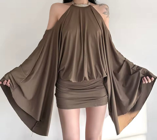Women Brown Sexy Halter Open Back Butterfly Ruched Dress