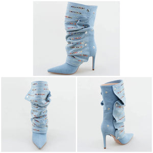 Women Fashion Button Color Rhinestone Denim Boots