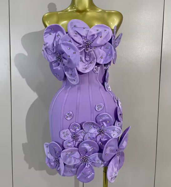 Women Sexy Floral Strapless Rhinestone Dress