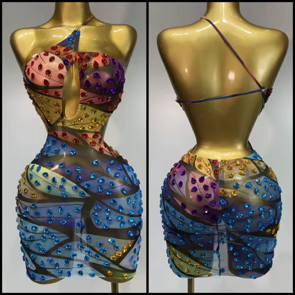 Women Sexy Sleeveless Open Back Colorful Rhinestone Dress