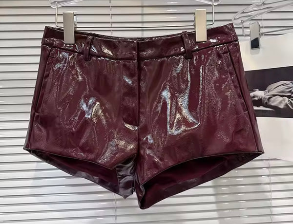 Women Burgundy Sleeveless Bodysuit Two Piece PU Short Set