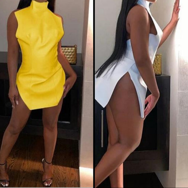 Women Sexy PU Halter Backless Side Spit Mini Dress