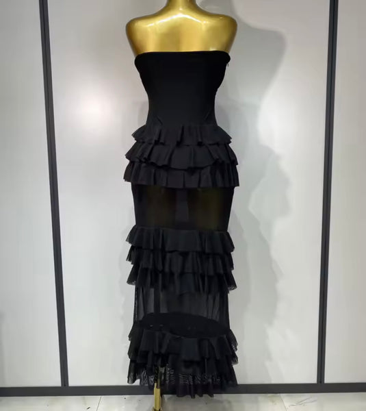 Women Black Strapless Sexy Ruffled Mesh Maxi Dress