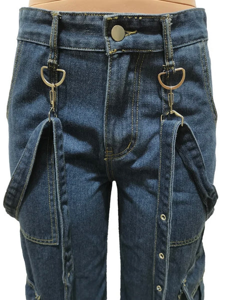 Women Fashion Suspenders Cargo Denim Pants