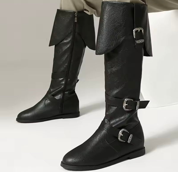 Women Fashion Buckled Knee High Flat Boots
