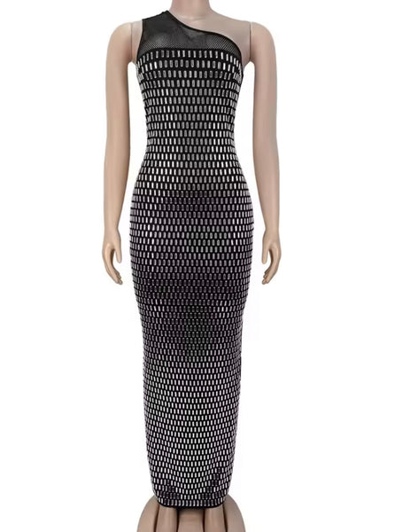 Women Sexy One Shoulder Sleeveless Bling Rivet Maxi Dress