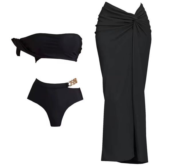 Women Black Strapless Gold Chain Bikini Cover Up Set