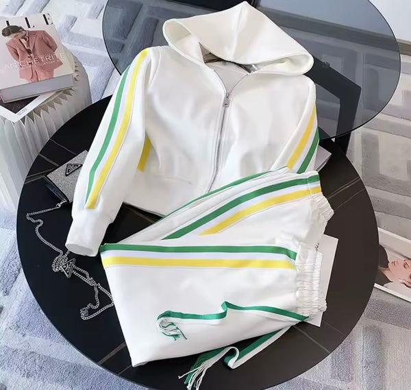 Women Color Patchwork Striped Hooded Two Piece Tracksuit Pant Set
