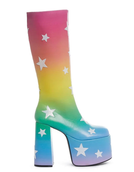 Women Fashion Colorful Gradient Star Print Platform Knee High Boots