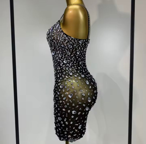 Women Sexy Sleeveless Rhinestone Mesh Dress
