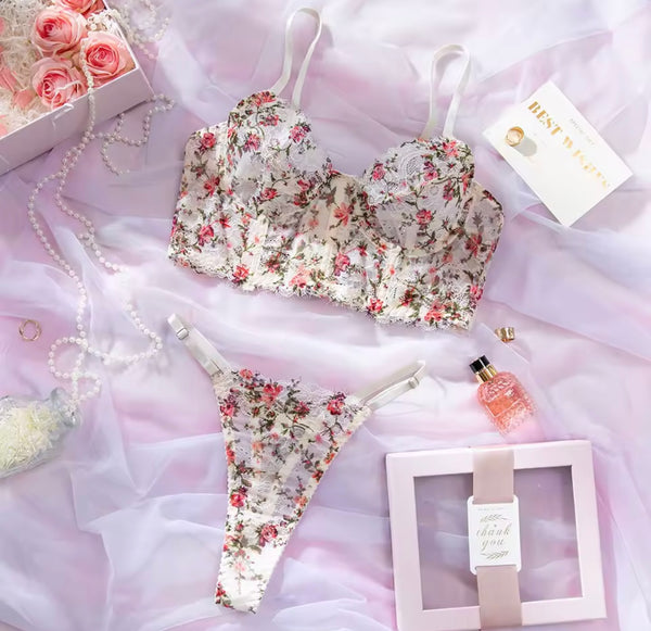 Women Sexy White Floral Lace Mesh Lingerie Set