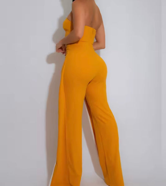 Women Sexy Strapless Button Striped Asymmetrical Jumpsuit