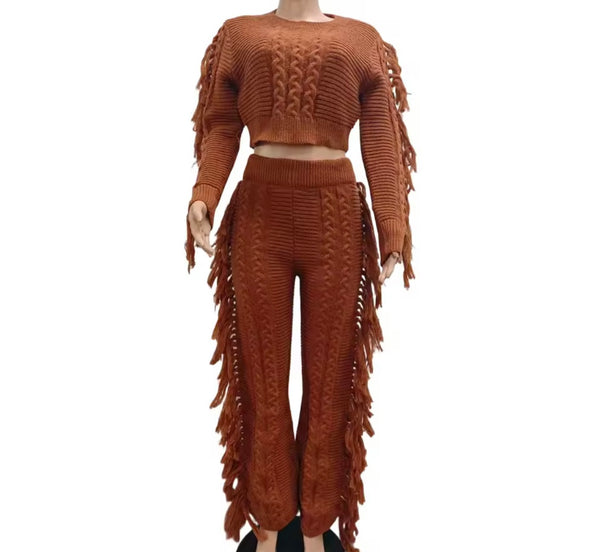 Women Fringe Fashion Full Sleeve Sweater Two Piece Pant Set