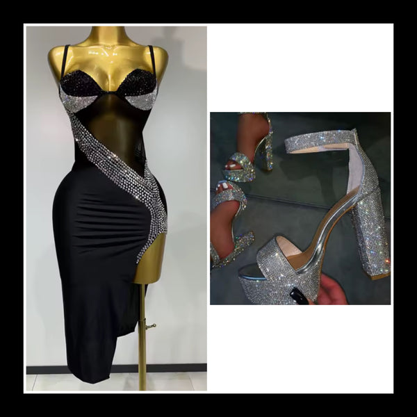 Women Sexy Sleeveless Black Rhinestone Mesh Patchwork Dress