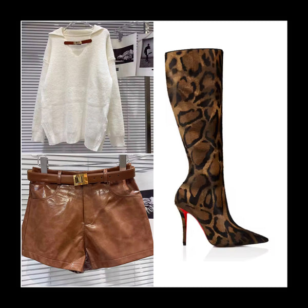 Women Fashion Leopard/Black High Heel Knee Length Boots