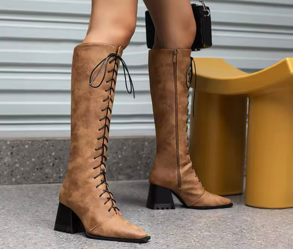 Women Fashion Pointed Toe Lace Up Knee High Boots