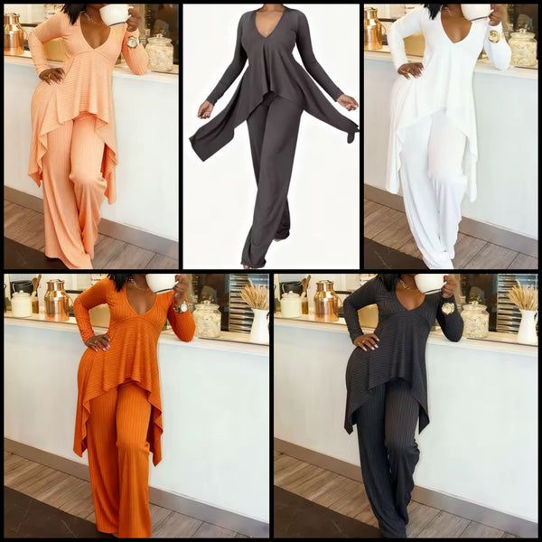 Women Ribbed Asymmetrical Full Sleeve Two Piece Fashion Pant Set