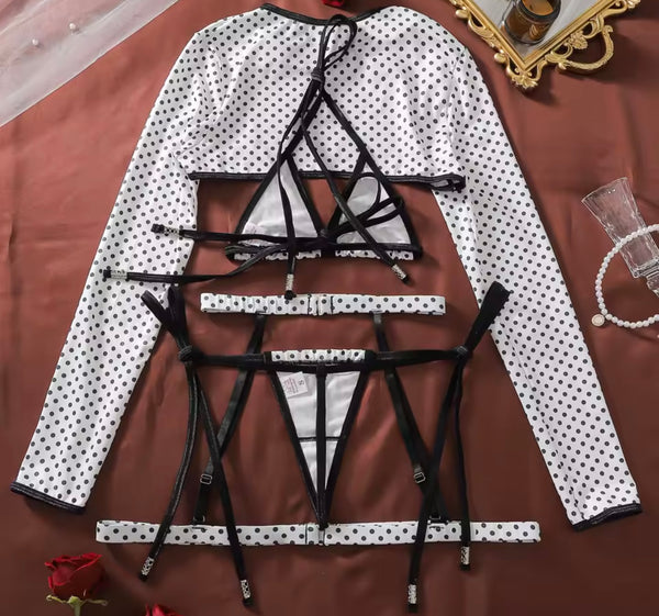 Women Sexy White Polka Dot Lingerie Set