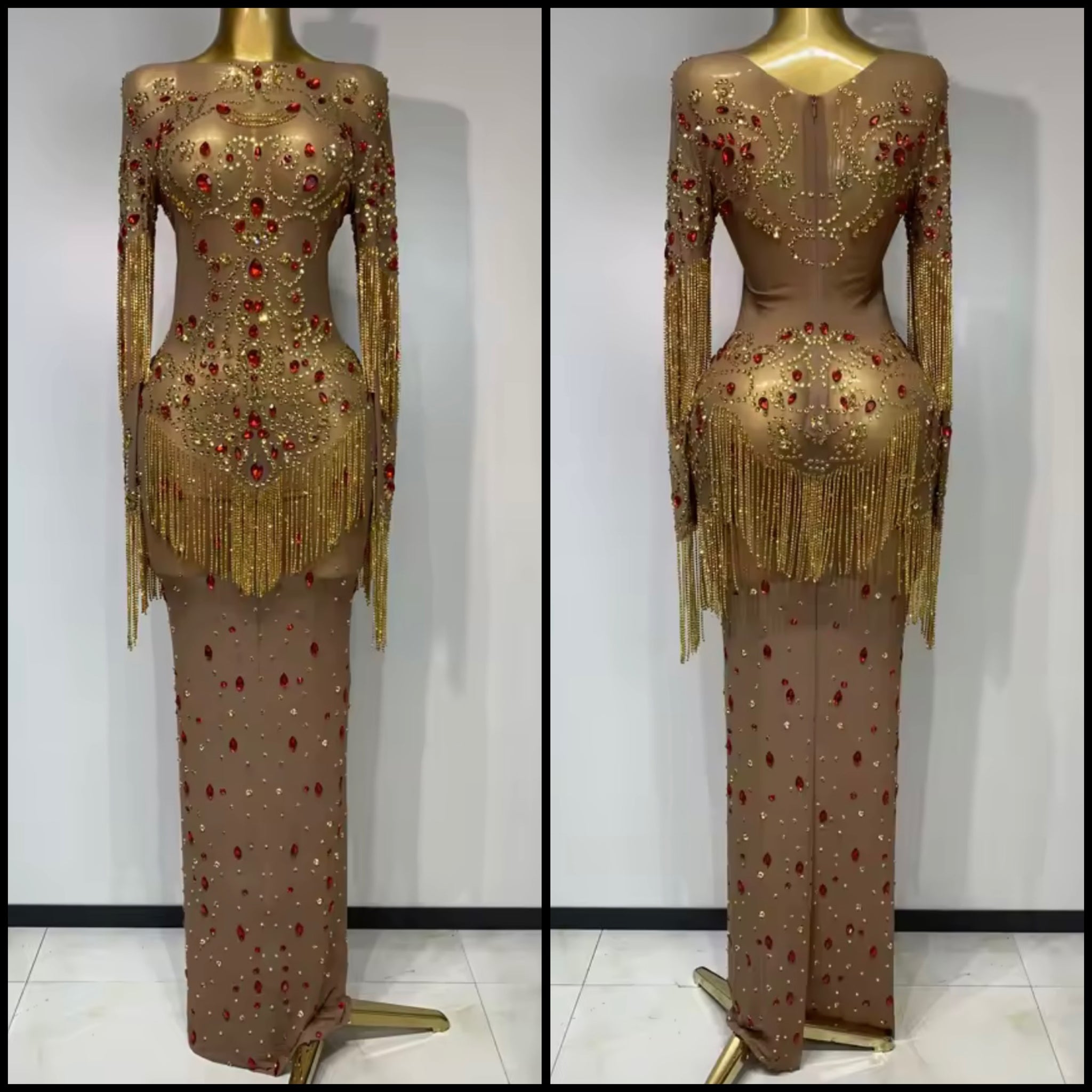 Women Sexy Full Sleeve Crystal Rhinestone Tassel Mesh Maxi Dress