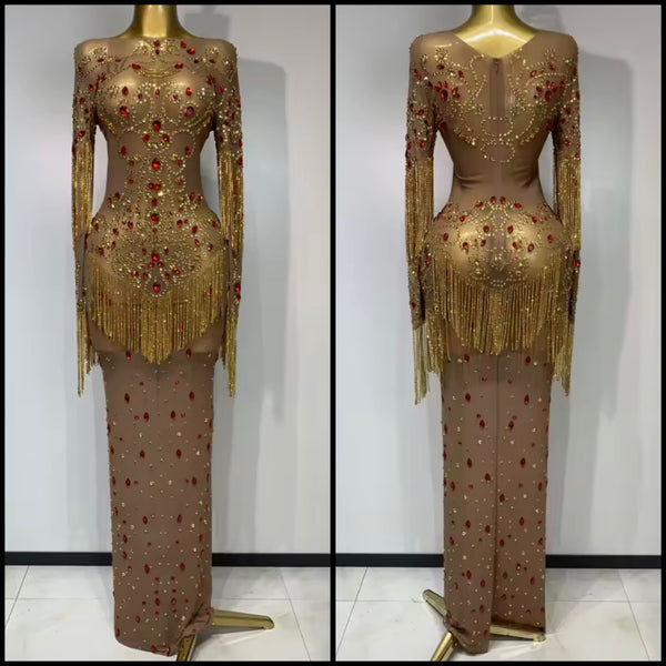 Women Sexy Full Sleeve Crystal Rhinestone Tassel Mesh Maxi Dress