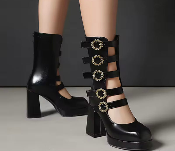 Women Fashion Square Toe Buckled Thick Heel Ankle Boots