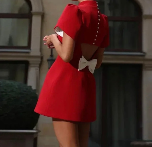 Women Red Short Sleeve Back Button Bow Sexy Dress