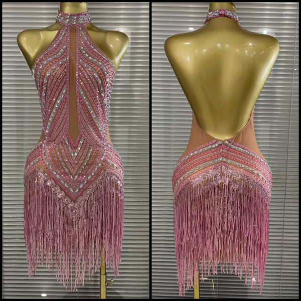Women Pink Halter Sleeveless Rhinestone Tassel Mesh Dress