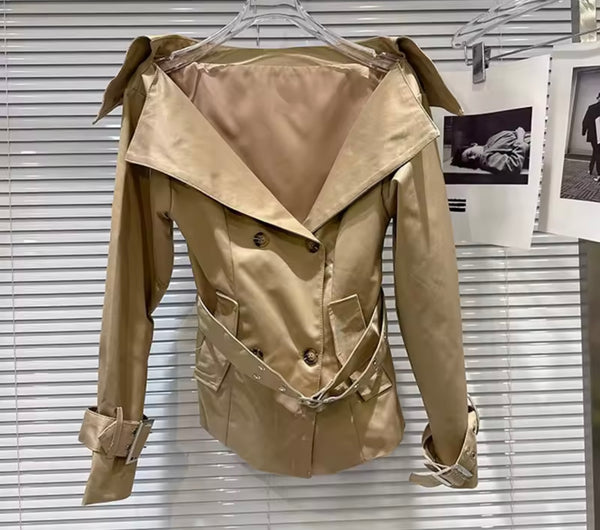 Women Fashion Khaki Full Sleeve Blazer Two Piece Short Set