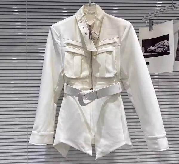 Women Fashion Buckled Pocket Cut Out Back Trench Jacket