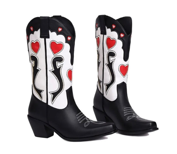 Women Fashion Color Patchwork Heart Print Western Boots