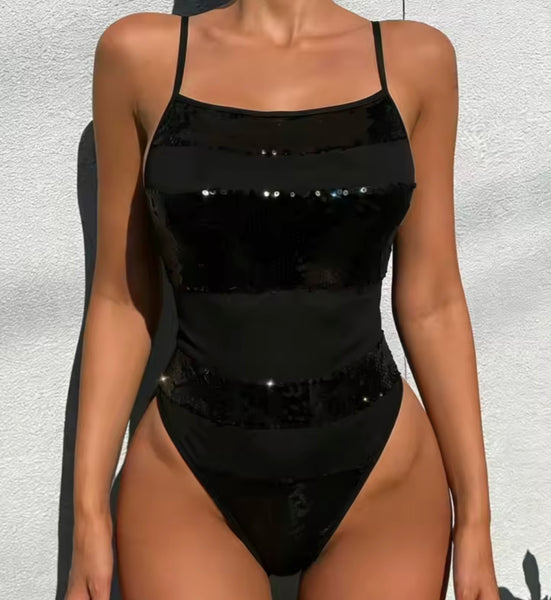 Women Black Sexy Sequins Patchwork Swimsuit