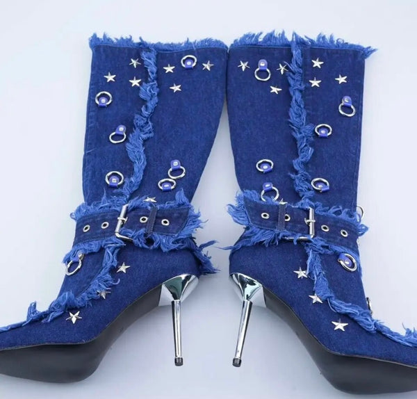 Women Fashion Fringe Star Buckled Denim Knee High Boots