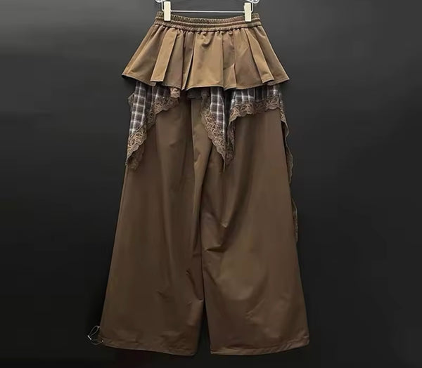 Women Fashion Ruffled Plaid Patchwork Wide Leg Pants