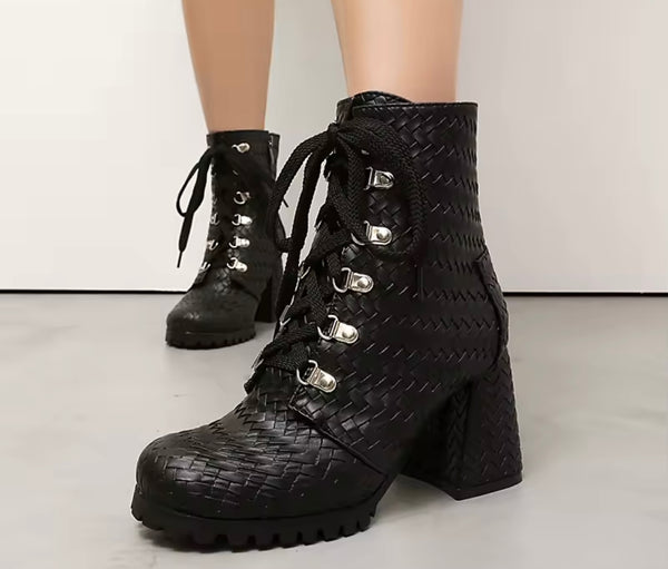 Women Fashion Lace Up Square Heel Ankle Boots