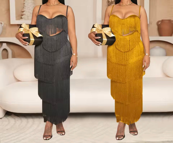 Women Sexy Sleeveless Open Back Fringe Tassel Maxi Dress