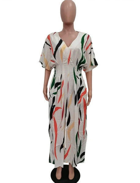 Women Sexy Printed Short Sleeve Wide Leg Jumpsuit
