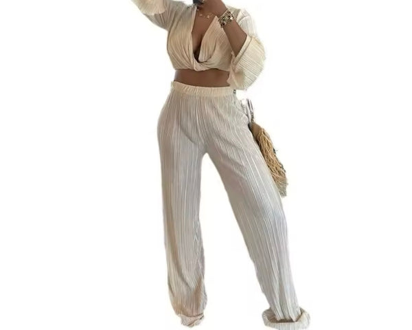 Women Sexy Full Sleeve Crop Solid Color Two Piece Pant Set