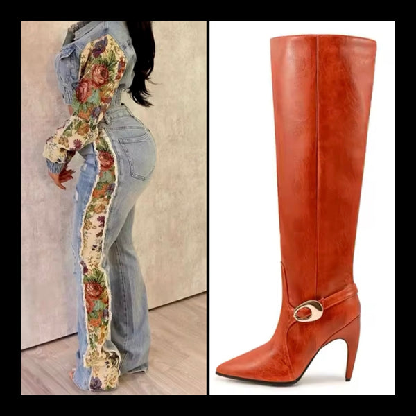 Women Buckled Faux Leather Fashion High Heel Knee High Boots