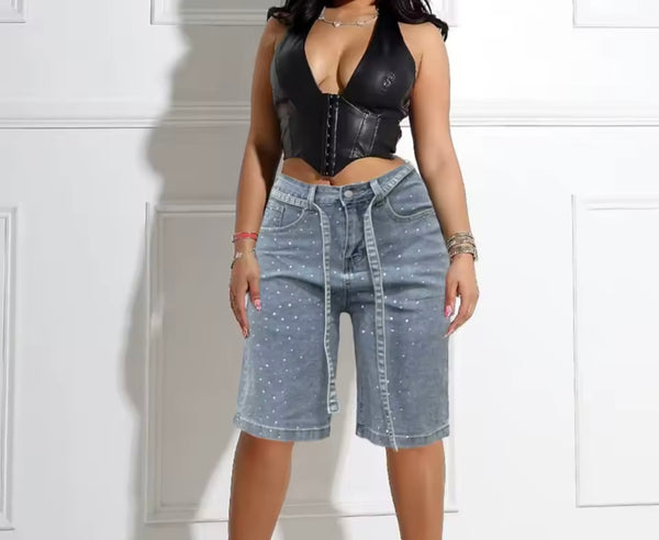 Women Fashion Faux Leather Halter Two Piece Bling Denim Short Set