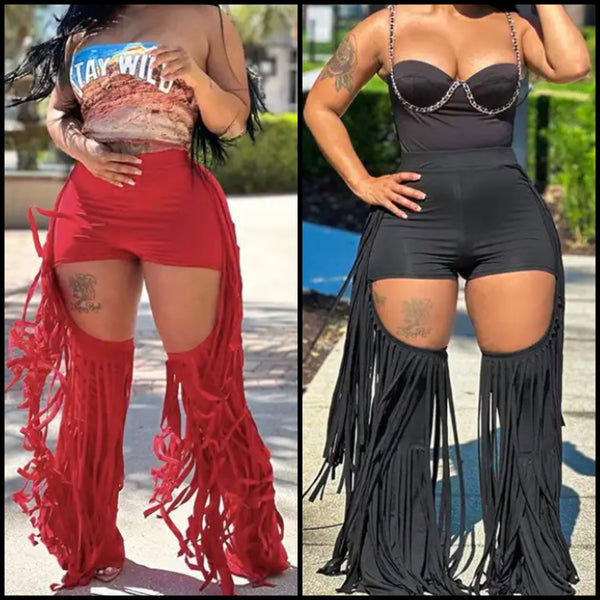 Women Fashion Fringe Tassel Cut Out Pants