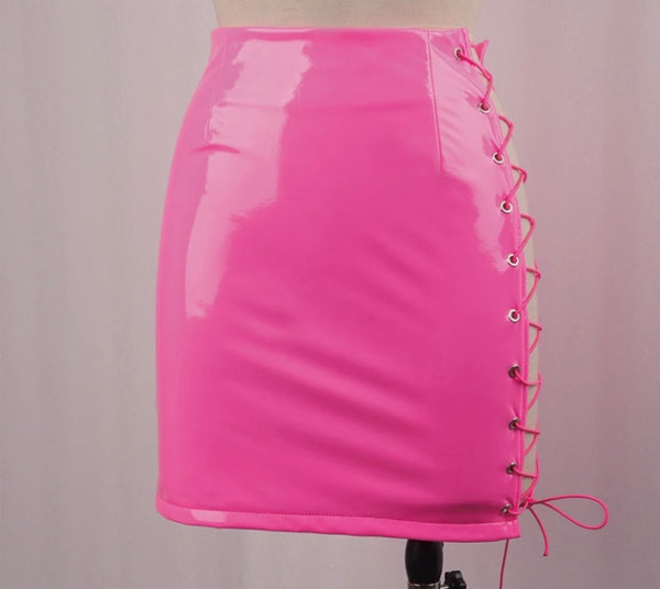 Women Sexy PU Lace Up Color Skirt